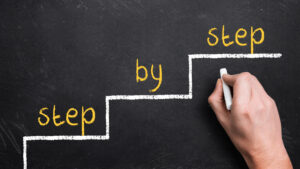 Hand writing "Step by step" with chalk on the board.